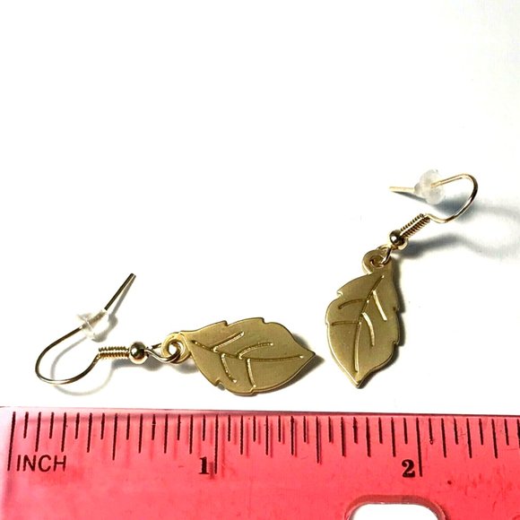 Gold Fall Leaf Earrings Autumn Tree Leaves Thanksgiving Halloween Harvest Plated - Picture 7 of 8